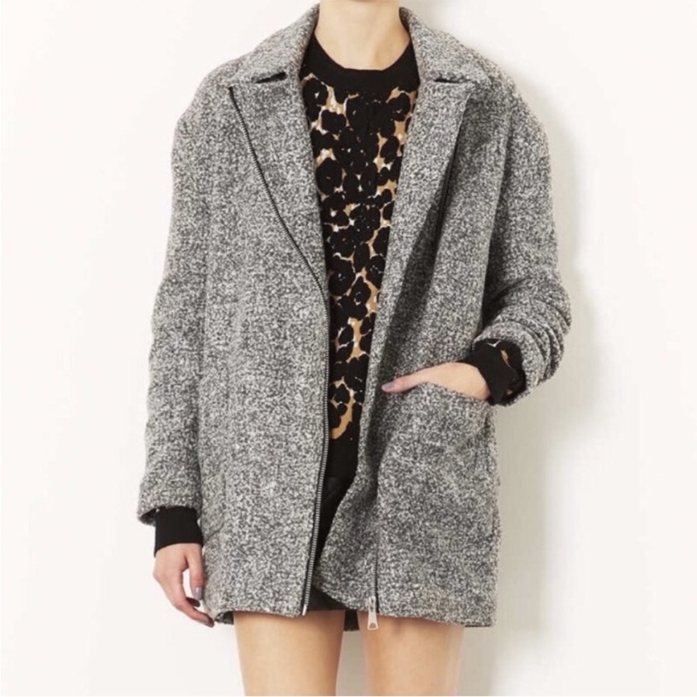 Topshop Ovoid Black and White Tweed Wool Blend Zipper Moto Coat Size 6